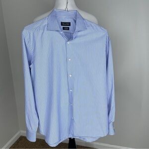 MASSIMO Dutti Men’s Italian Easy Iron Button Dress Shirt 44 17.5 Blue Stripe